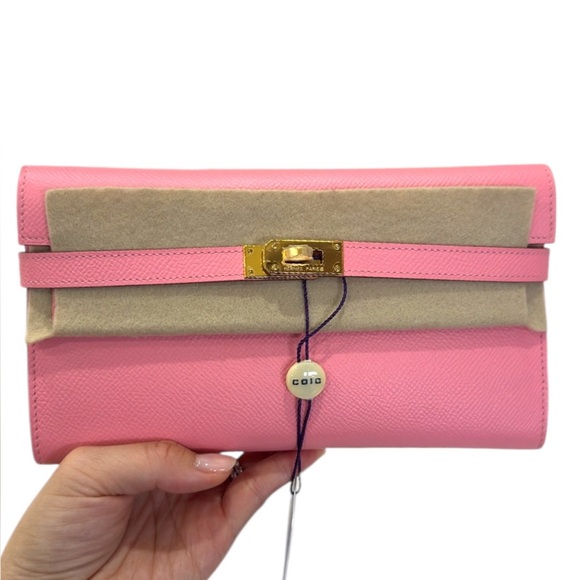💗 𝐇𝐄𝐑𝐌𝐄𝐒 Kelly Long Wallet Rose Confetti Epsom Leather GHW 💗 - Picture 9 of 10